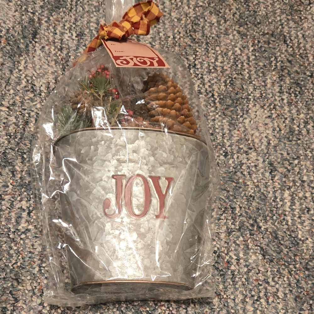 Joy Holiday Decorative Bucket with Pinecones